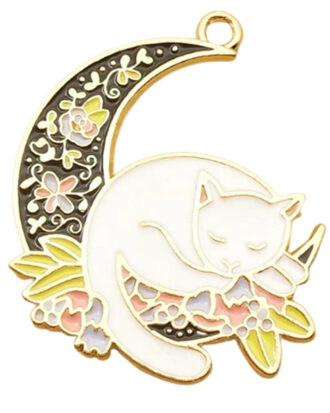 Gold White Cat on Moon Necklace